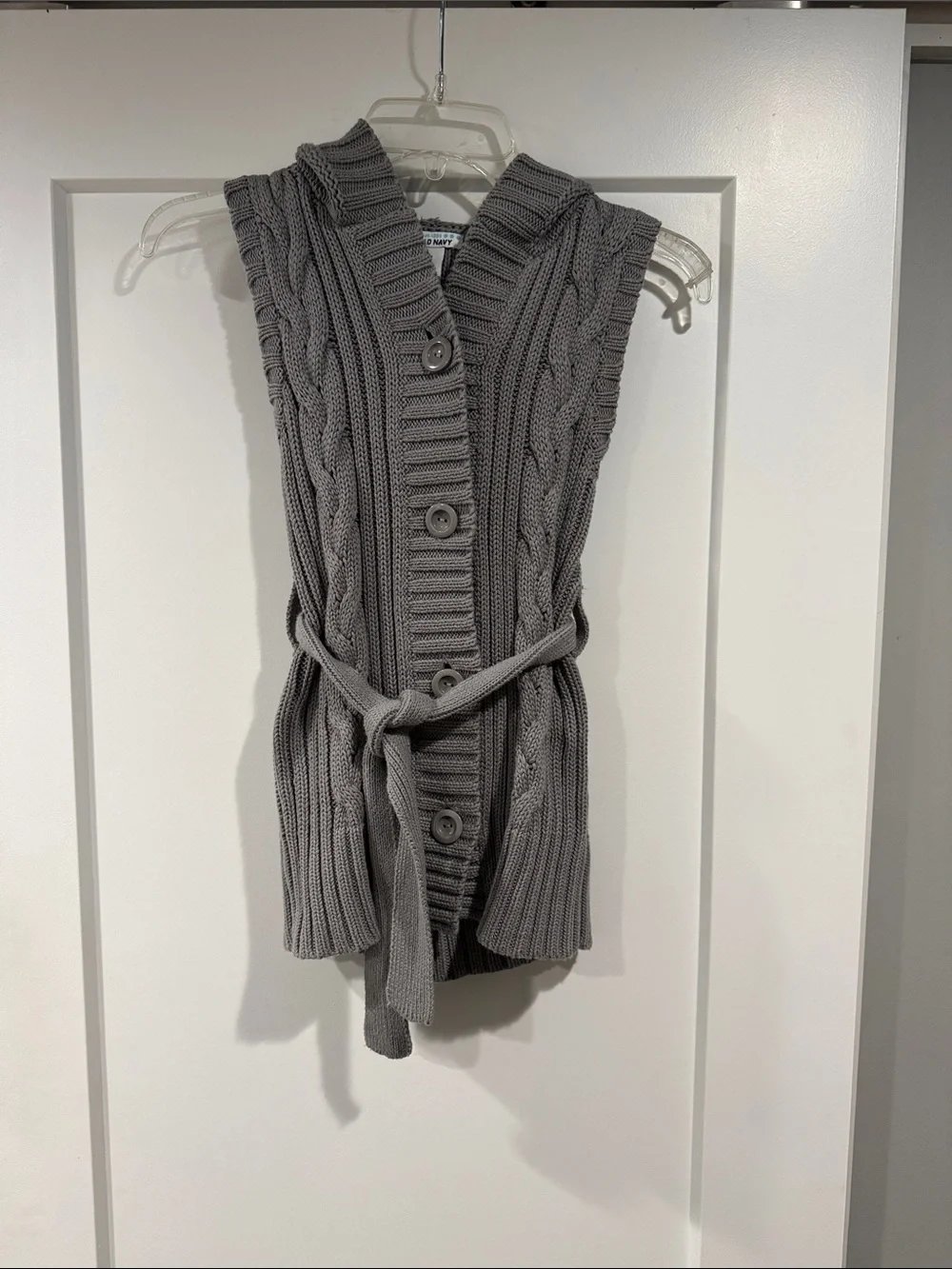 Old Navy Gray Cable-Knit Button Vest with Tie Belt
